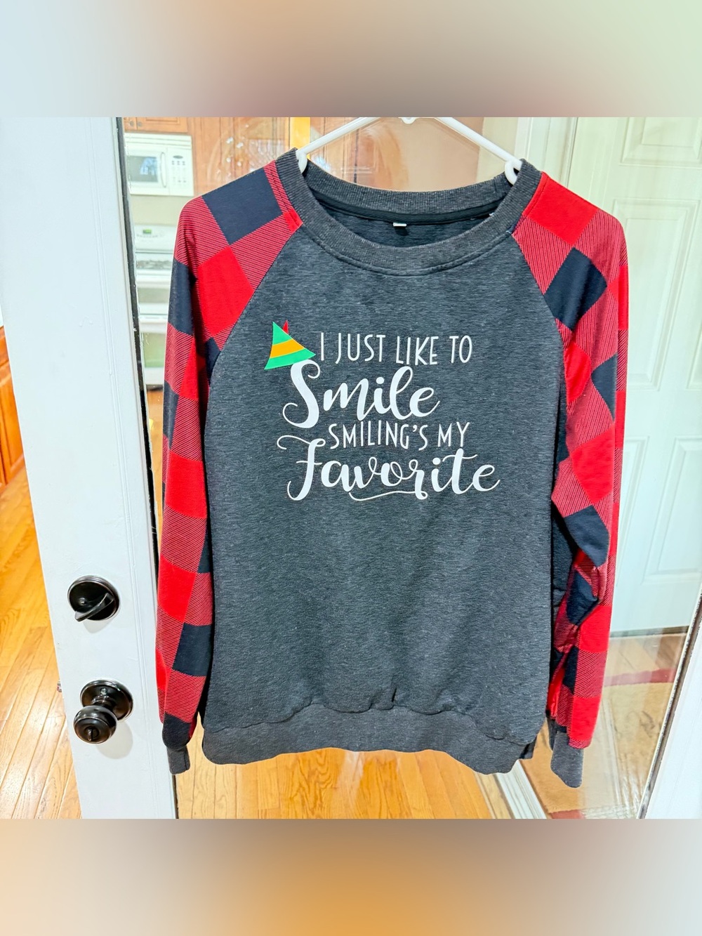 Elf Movie Gray Sweatshirt with Red Buffalo Plaid Sleeves - Size Medium